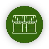 White outline of a storefront with awning inside a dark green circle.